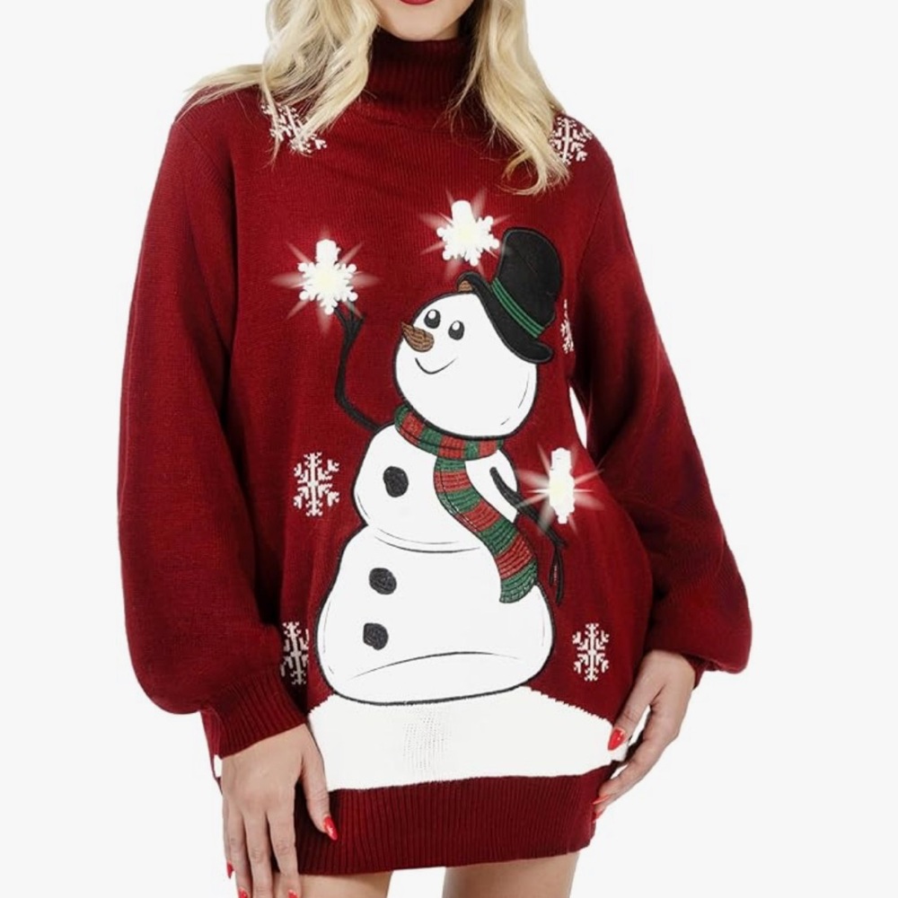 NWOT Giggling Getup Christmas Ugly Sweater Dress, 3D Snowman Loose LED Lights
